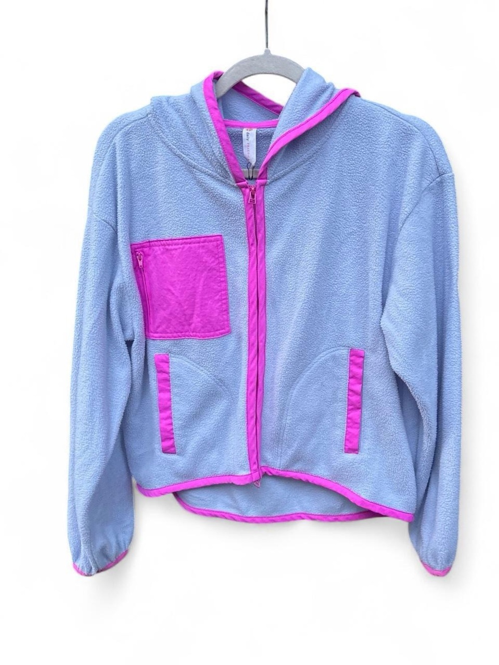 Kids Light Blue Fleece Hoodie with Pink Trim and Pocket